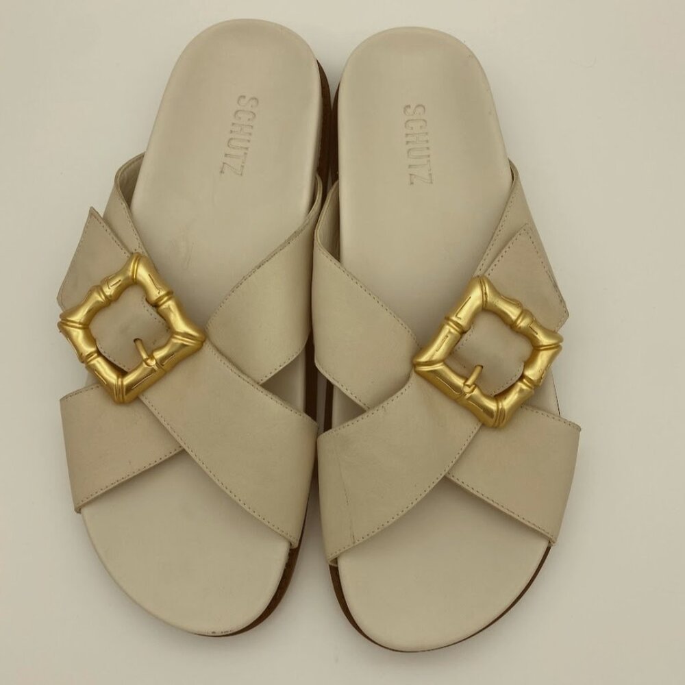 Schutz Women's Leather Crossband Sandals Enola Crossed Pearl | Size 10